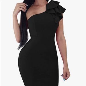 Mokoru Women's Sexy Ruffle One Shoulder Sleeveless Bodycon Party Club Midi Dress